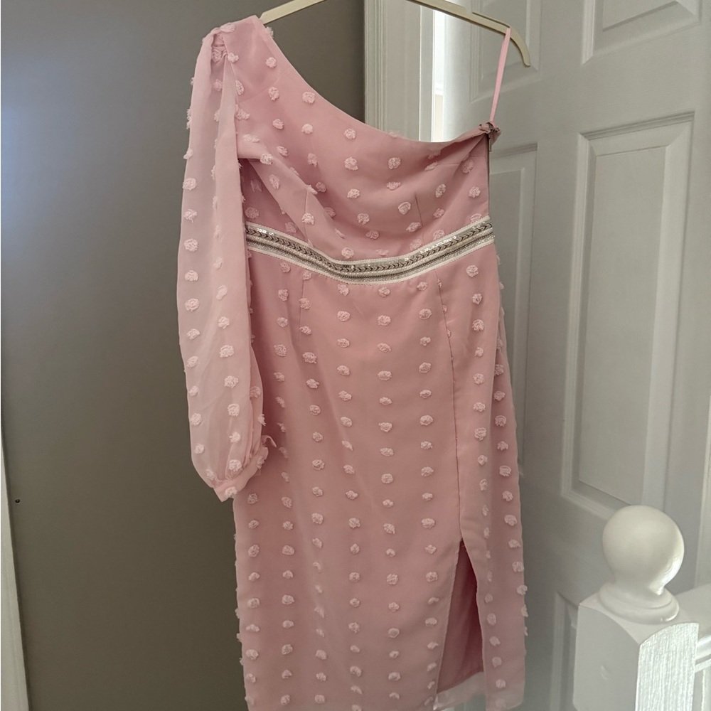 Away Pink One-Shoulder Sheath Dress with Bishop Sleeves